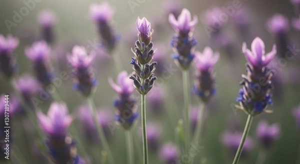 Fototapeta Close-up of blooming lavender flowers in a serene garden setting, soft focus
