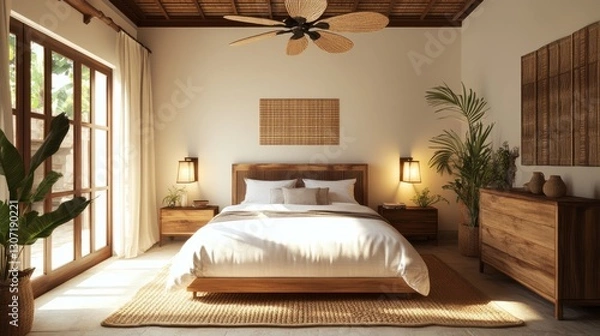 Fototapeta Inviting Arafed bedroom with a plush bed, sleek wooden dresser, and ceiling fan, decorated in earthy and neutral tones. Copy space available.