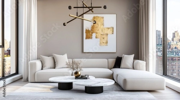 Fototapeta Scandinavian living room, muted taupe walls, plush sectional sofa, sculptural brass chandelier, floating marble coffee table, metallic abstract painting