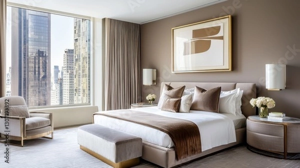 Obraz Scandinavian modern Hollywood bedroom, moody taupe walls, low plush bed, subtle golden elements, warm ambient lighting, soft textured panel art