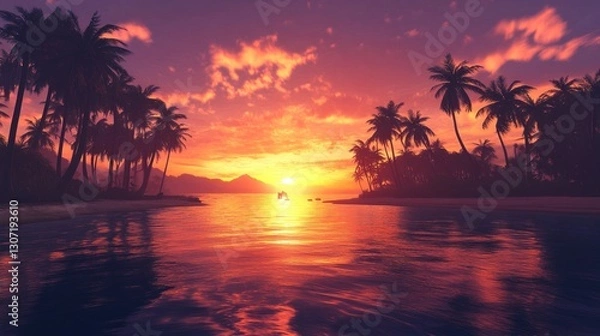 Fototapeta Sunset over a scenic bay with palm trees silhouetted against the vibrant sky, calm waters reflecting warm colors, peaceful and serene atmosphere, ultra-detailed.