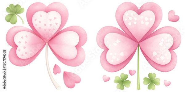 Fototapeta Pink heart shaped clovers with delicate patterns and small green leaves