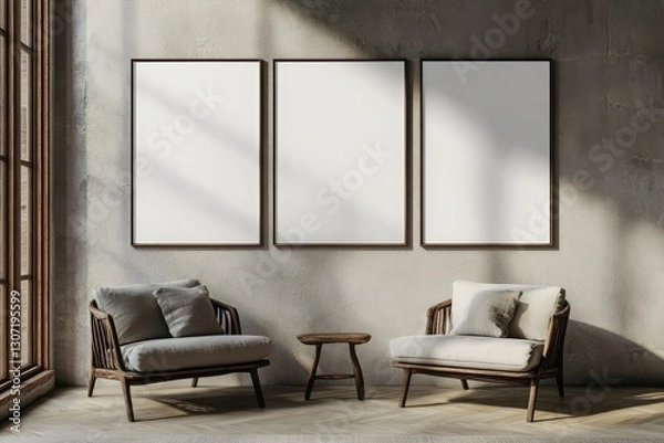 Fototapeta Three blank big mockup posters on wall. AI generated illustration.
