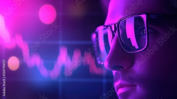 Fototapeta Active Investment Focus. A focused individual wearing sunglasses, gazing thoughtfully with vibrant, colorful graphs in the background, suggesting data analysis or financial themes.