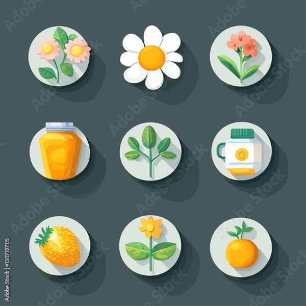 Fototapeta Set of Floral, Fruit, and Natural Remedy Icons on Dark Background Art