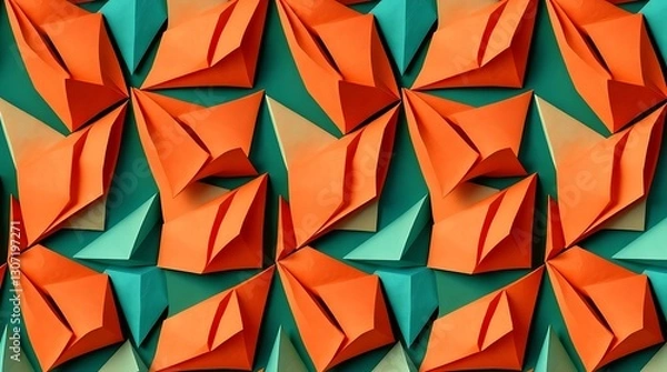 Fototapeta Origami Art: A dynamic composition of vibrant origami figures, a modern geometric abstract design in hues of orange and teal, forming a complex, textured pattern, showcasing a fresh.