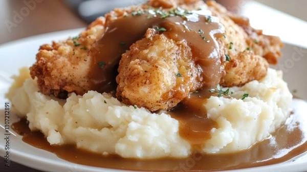Obraz Creamy Mashed Potatoes with Crispy Fried Chicken and Rich Brown Gravy
