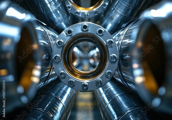 Obraz Close-Up of Industrial Stainless Steel Pipes and Flanges in a Manufacturing Facility, Showcasing Precision Engineering and Modern Technology