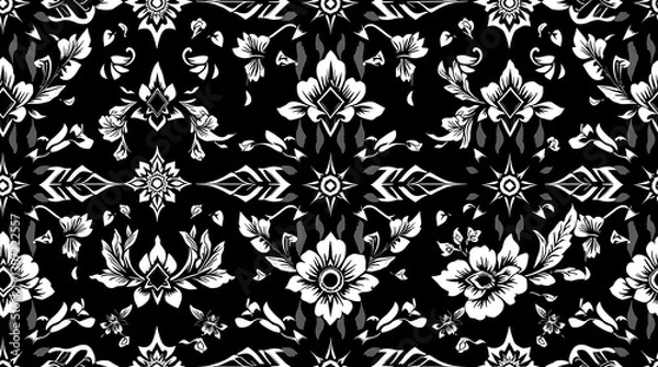 Fototapeta Floral pattern in a traditional art form: Intricate Thai-inspired design featuring a beautiful floral pattern in black and white, this decorative artwork suitable for textile, wallpaper.