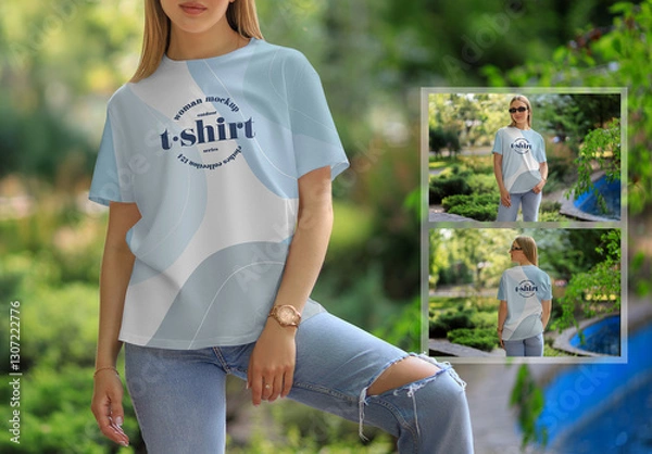 Obraz 3 T-shirt Mockups on a Girl Walking in the Park