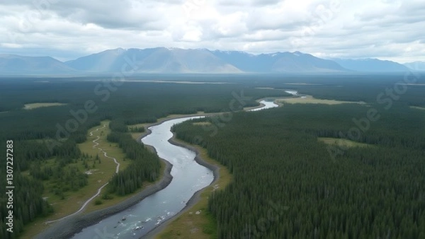 Fototapeta Vast Alaskan Landscape: River Flowing Through Dense Forest with Mountain Backdrop