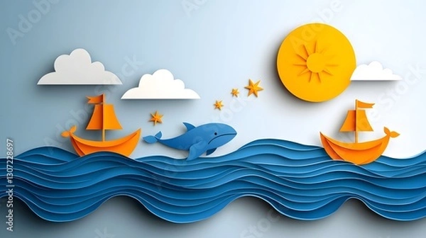 Fototapeta Playful Paper Art of Whale Swimming Between Boats Under Bright Sun and Clouds in Blue Ocean Waves