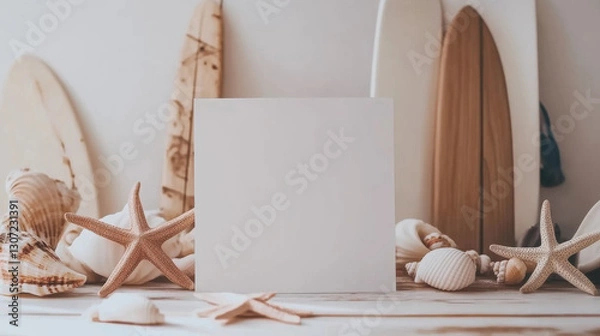 Fototapeta A serene coastal arrangement featuring seashells, a starfish, and surfboards, evoking a beachy, minimalist vibe.
