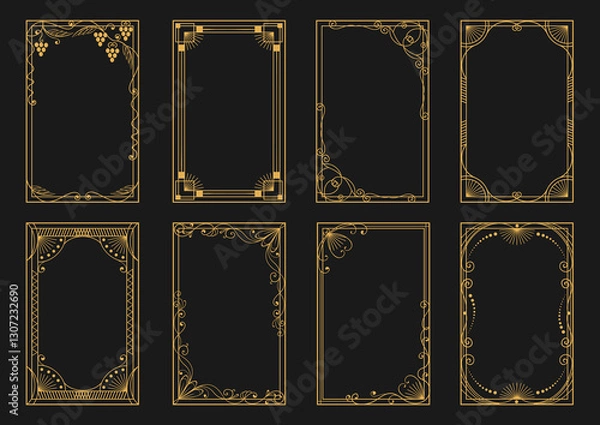 Obraz Golden art deco frames. Luxury decorative design elements. Geometric and plant parts. Modern card borders. Victorian ornament. Line gold framework. Floral flourish. Splendid vector set