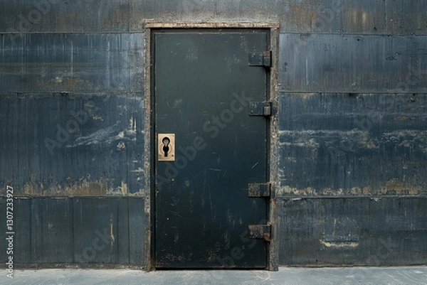 Fototapeta Heavy black door with metal frame against a textured blue wall leads to unknown space