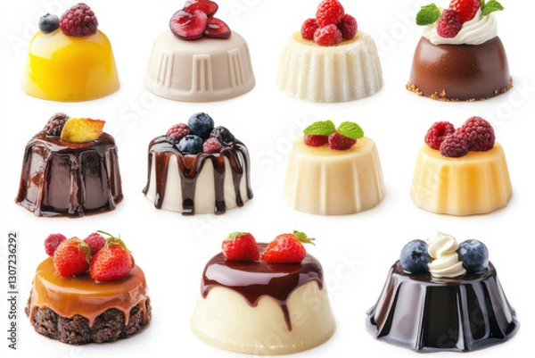 Fototapeta Delicious mini dessert panna cotta with berries and chocolate topping on white background