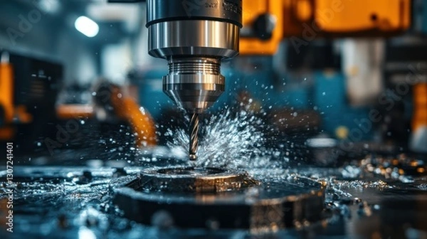 Fototapeta Close-up of CNC machine drilling metal with coolant spray.