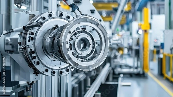 Fototapeta A close-up of a precision-engineered machine part in a modern manufacturing facility, showcasing intricate design and metallic components.