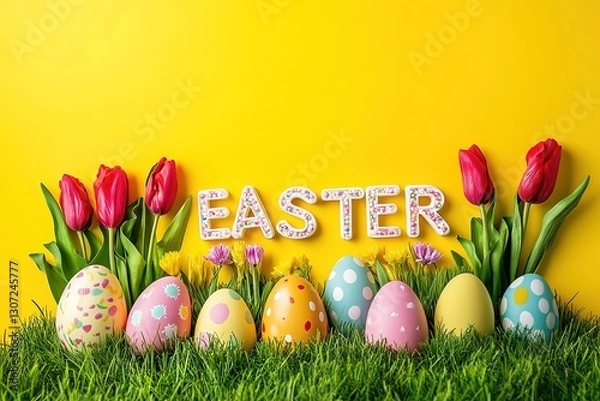 Fototapeta Colorful Easter eggs with polka dot and other patterns are arranged on green grass, flanked by red tulips and small flowers, with the word "EASTER" decorated with sparkles on bright yellow background.