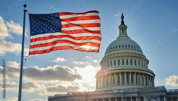 Fototapeta A vibrant American flag flutters against a stunning sunset backdrop behind the United States Capitol building in Washington D.C. The scene captures a moment of national pride