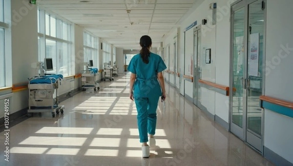 Obraz A healthcare professional in scrubs walks down a bright hospital corridor, sunlight illuminating the spacious area filled with medical equipment and empty patient rooms