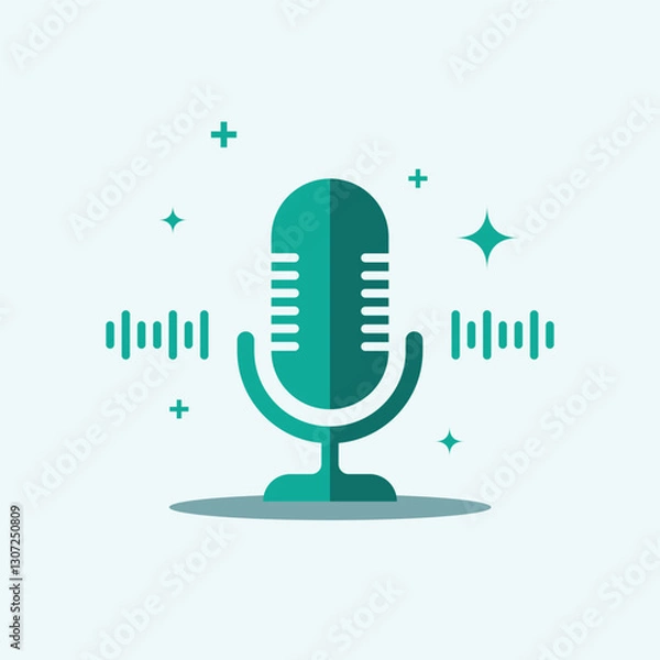 Fototapeta A modern flat-design microphone icon with sound waves and sparkles, representing podcasting, voice recording, or audio broadcasting.