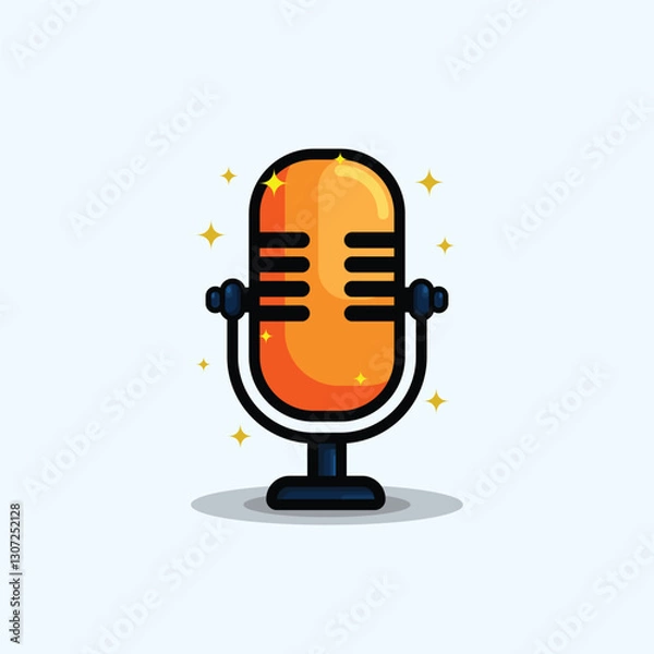 Fototapeta A vibrant, cartoon-style retro microphone illustration with a glowing orange body, surrounded by sparkling effects on a light blue background.