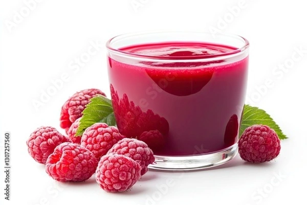 Fototapeta Panna cotta with raspberry coulis isolated on white background 