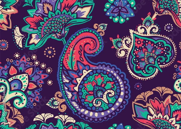 Fototapeta Seamless paisley pattern in Oriental style with floral and ethnic motifs for printed fabric, wallpaper, and packaging