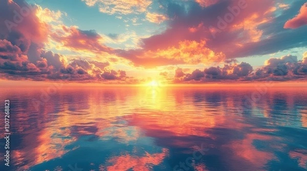 Fototapeta Capture a breathtaking panoramic view of a vast, tranquil ocean at sunset, reflecting vibrant hues of orange, pink, and gold in CG 3D