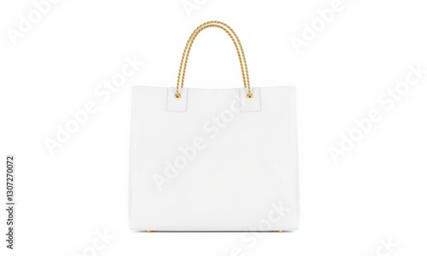 Fototapeta stylish white shopping bag with golden handles, perfect for fashion enthusiasts. This mockup showcases modern design ideal for branding and promotional use