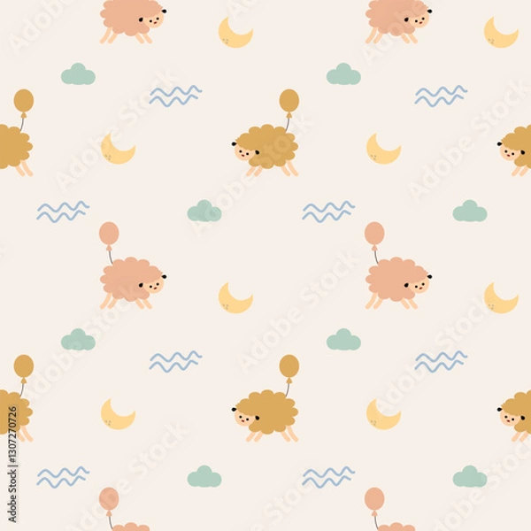 Fototapeta Sheep play balloon cartoon so cute. On moon cloud background. Pattern seamless vector illustration. 