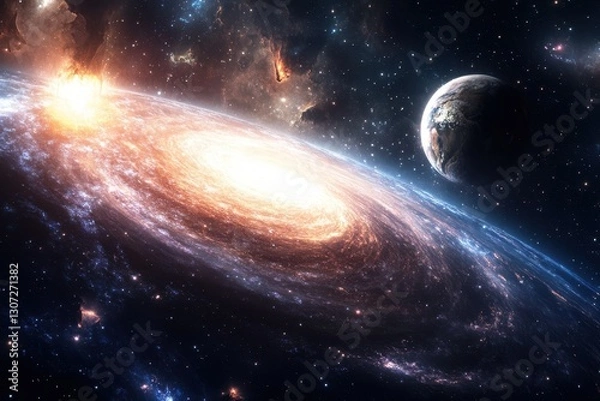 Fototapeta Captivating view of a spiral galaxy with Earth in the foreground during cosmic explosion