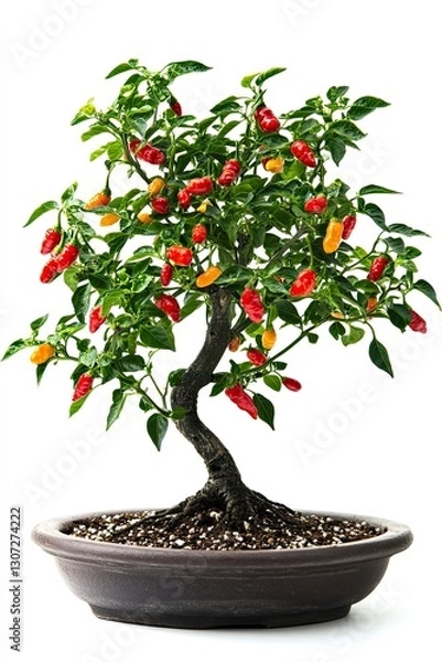 Fototapeta Photo of a pepper bonsai tree with vibrant red and green peppers isolated on white background 