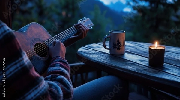Fototapeta A person in a plaid shirt plays guitar on a cozy balcony, with coffee and a candle on the table.
