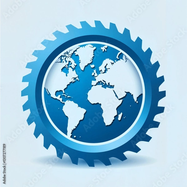 Obraz Stylized globe inside a blue gear on a light background