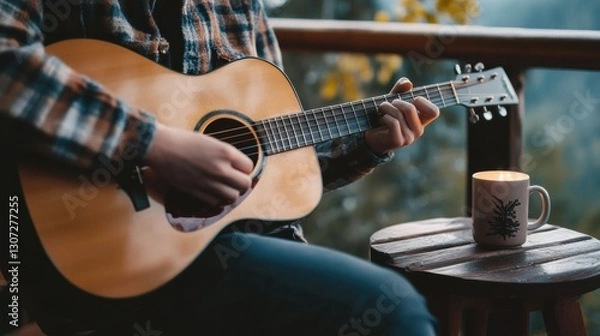 Fototapeta A person in a plaid shirt plays guitar on a cozy balcony, with coffee and a candle on the table.