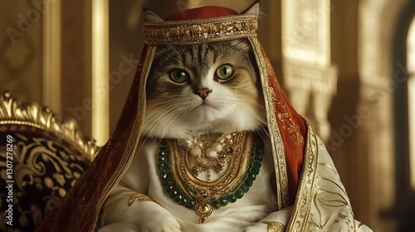 Fototapeta Majestic cat in fantasy attire royal setting adorable content luxurious environment close-up view feline fantasy