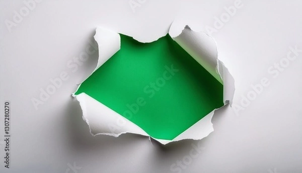 Fototapeta a hole in white paper with torn edges isolated on a white background with a bright green color paper background inside good paper texture