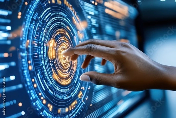 Fototapeta Hand Interacting With Digital Futuristic Interface Screen