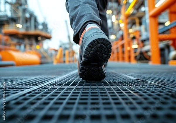 Fototapeta A worker wearing safety shoes is walking on steel grating at an oil and gas facility. The perspective is from the feet, showing detailed details of the industrial floor materials in action