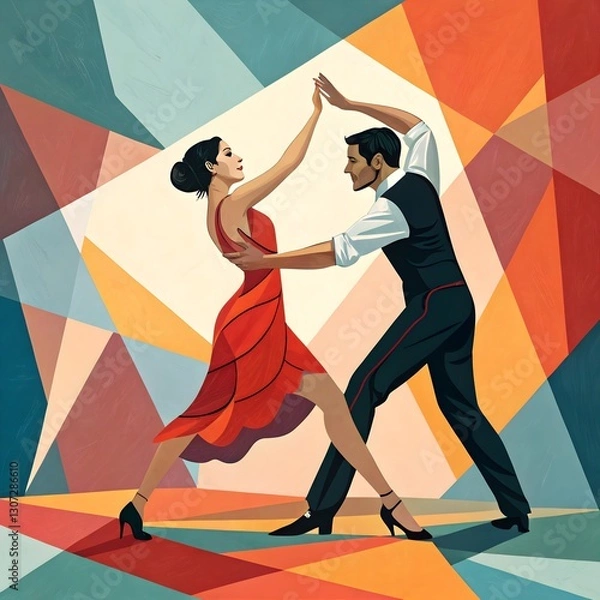 Fototapeta Latin American Hispanic male and female couple dancing the ballroom Calypso dance shown in an abstract cubist style painting for a poster or flyer, computer Generative AI stock illustration image




