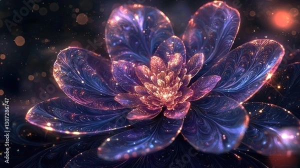 Fototapeta A stunning, otherworldly flower as the focal point, with intricate, glowing petals radiating vibrant colors such as deep purples, soft blues, and shimmering 