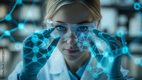 Fototapeta Futuristic Female Scientist Analyzing a Holographic Molecular Structure