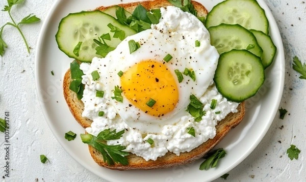 Fototapeta Toasted bread topped with cottage cheese, fried egg, cucumber, and parsley.