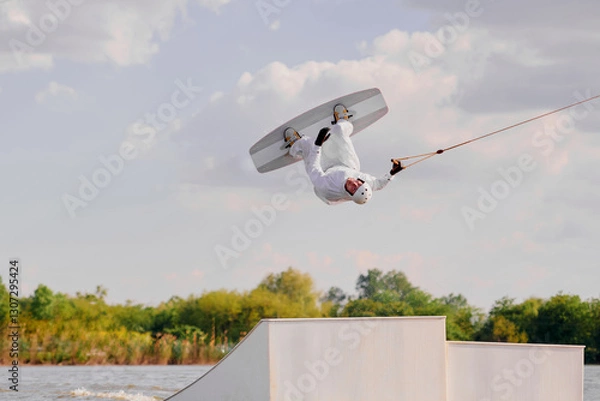 Fototapeta A man on a wakeboard performs a back flip in the air above the water. The stage conveys the excitement and skill of wakeboarding