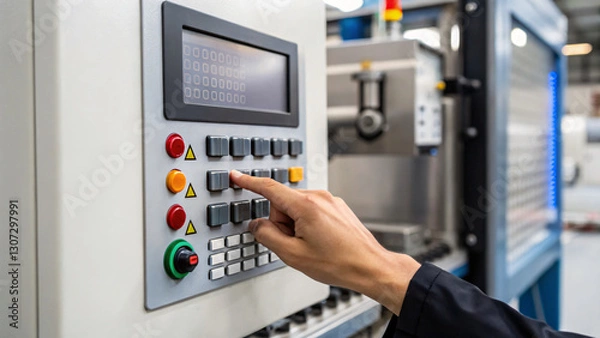 Obraz Hand Operating Control Panel of Industrial Machine in Factory Setting