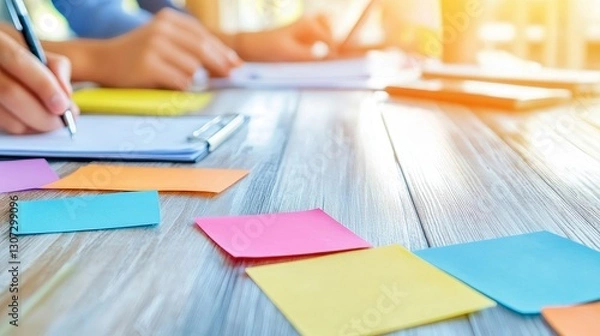 Obraz Collaboration With Colorful Notes On Wooden Table.