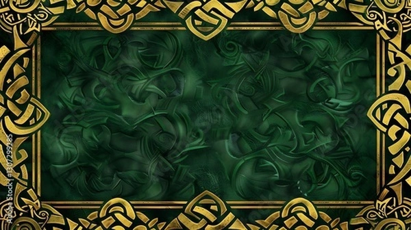 Fototapeta Emerald Green Celtic Knotwork Design, Golden Frame, Intricate Pattern, Abstract Art Background