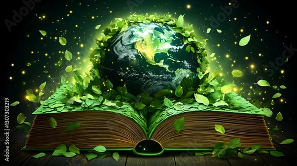 Fototapeta Earth globe emerging from an open book surrounded by green leaves and glowing particles.